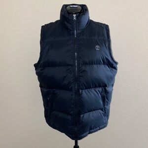 Timberland Black Down Feather Nylon Puffer Vest Black Curve Hem Funnel Neck M